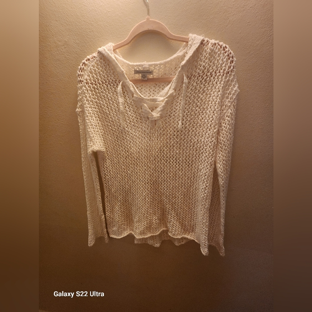 American Eagle Outfitters Lace-Up Knit Hoodie - Cream
